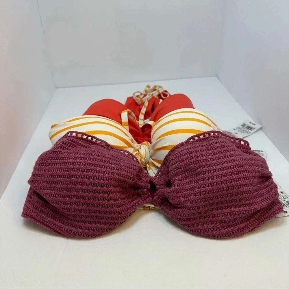 Shade & shore bikini tops, three red orange white with orange stripe Size 36C